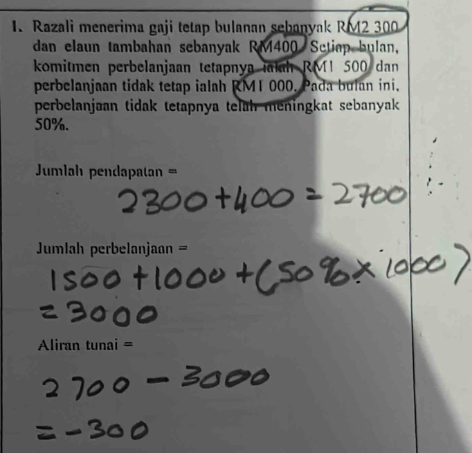 Razali menerima gaji tetap bulanan sebanyak RM2 300
dan elaun tambahan sebanyak RM400 Setiap bulan, 
komitmen perbelanjaan tetapnya ialah RM1 500 dan 
perbelanjaan tidak tetap ialah RM1 000. Pada bulan ini, 
perbelanjaan tidak tetapnya telah meningkat sebanyak
50%. 
Jumlah pendapatan = 
Jumlah perbelanjaan = 
Aliran tunai =