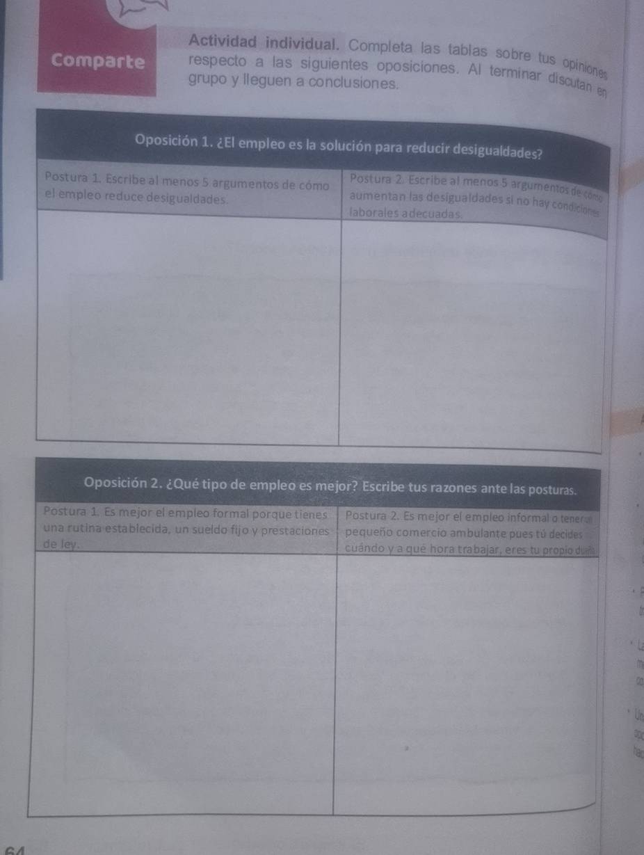 Actividad individual. Completa las tablas sobre tus opiniones 
Comparte respecto a las siguientes oposiciones. Al terminar discutan en 
grupo y lleguen a conclusiones.