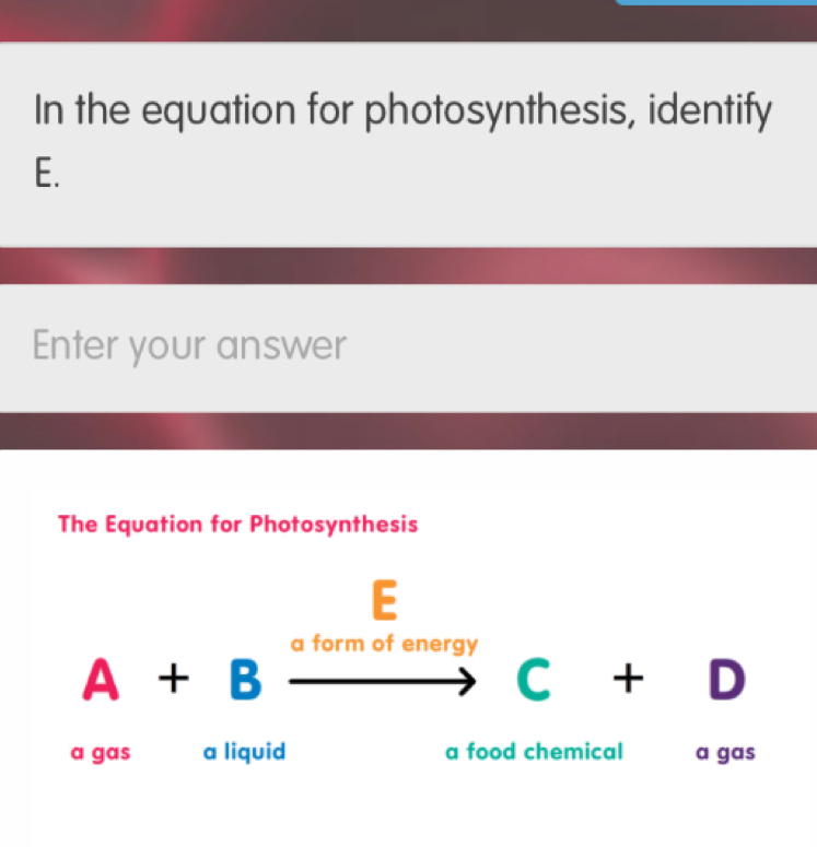 Solved: In the equation for photosynthesis, identify E. Enter your ...