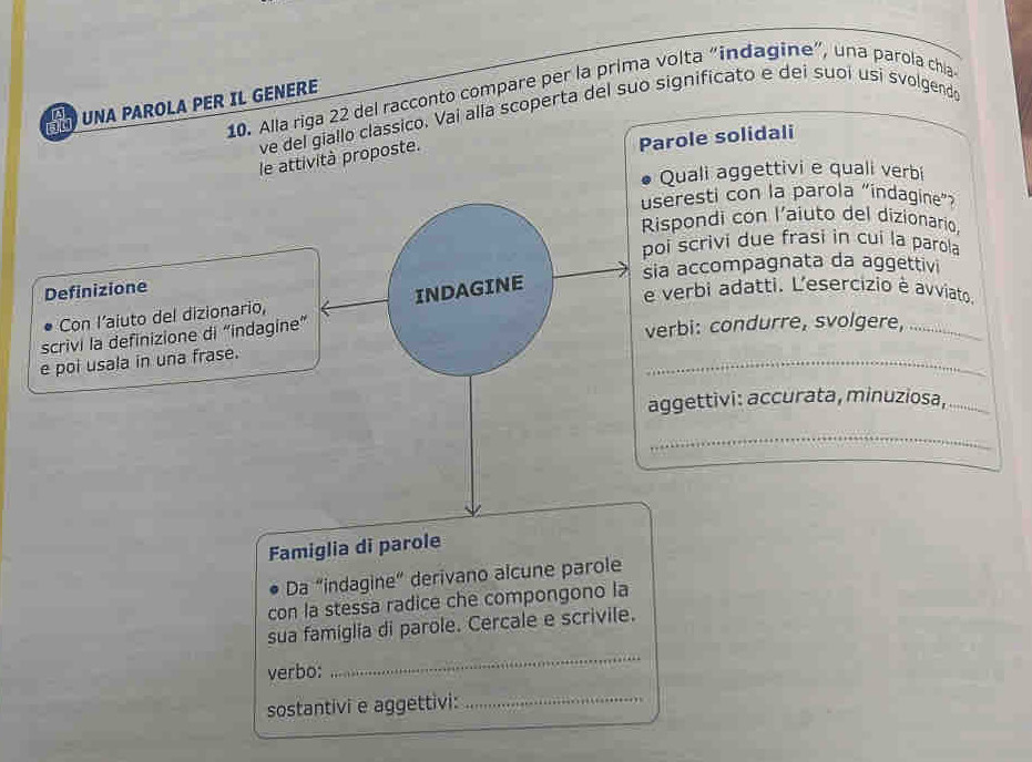 Alla riga 22 del racconto compare per la prima volta “indagine”, una parola chia 
UNA PAROLA PER IL GENERE 
ve del giallo classico. Vai alla scoperta del suo significato e dei suoi usi svolgends 
Parole solidali 
le attività proposte. 
Quali aggettivi e quali verbi 
esti con la parola “indagine”? 
ondi con l’aiuto del dizionario 
scrivi due frasi in cui la parola 
ccompagnata da aggettiv 
rbi adatti. L'esercizio è avviato 
_ 
i: condurre, svolgere,_ 
ettivi: accurata, minuziosa,_ 
_ 
Famiglia di parole 
Da “indagine” derivano alcune parole 
con la stessa radice che compongono la 
sua famiglia di parole. Cercale e scrivile. 
verbo: 
_ 
sostantivi e aggettivi:_