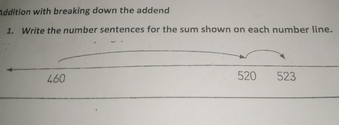 Addition with breaking down the addend
1. Write the number sentences for the sum shown on each number line.
520
460 523