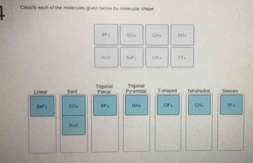 Classify each of the molecules given below by molecular shape.
BF_3 SCl_2 CH_4 NHx|
H_2O BeF_2 CIF_2 SF_2
Trigonal Trigonal
Linear Bent Planar Pyramidal T-shaped Tetrahedral Seesaw
BeF_2 SClz BF_3 NH_3 CIF_3 CH_4 SF_4
H_2O