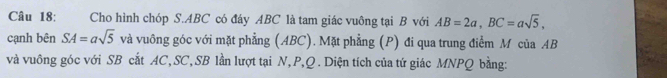 Cho hình chóp S. ABC có đáy ABC là tam giác vuông tại B với AB=2a, BC=asqrt(5), 
cạnh bên SA=asqrt(5) và vuông góc với mặt phẳng (ABC). Mặt phẳng (P) đi qua trung điểm M của AB
và vuông góc với SB cắt AC, SC, SB lần lượt tại N, P, Q. Diện tích của tứ giác MNPQ bằng: