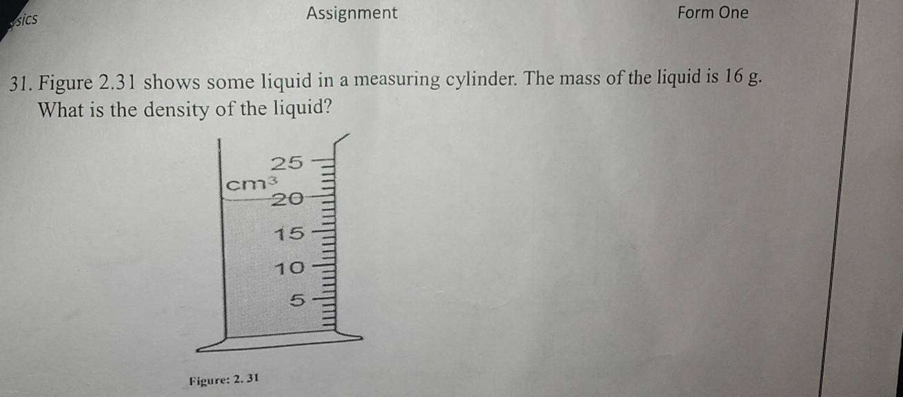 sics
Assignment Form One
31. Figure 2.31 shows some liquid in a measuring cylinder. The mass of the liquid is 16 g.
What is the density of the liquid?
Figure: 2. 31