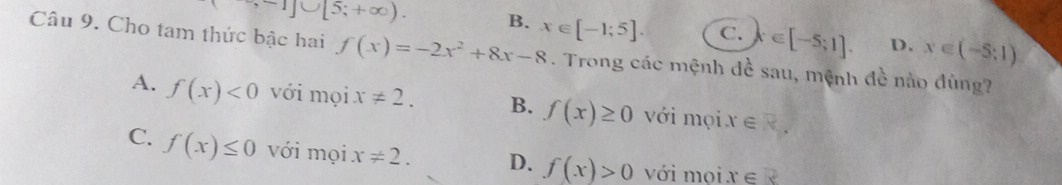 ∽ -1]∪ [5;+∈fty ). B. x∈ [-1;5]. C. x∈ [-5;1]. D. x∈ (-5;1)
Câu 9. Cho tam thức bậc hai f(x)=-2x^2+8x-8. Trong các mệnh đề sau, mệnh đề nào dùng?
A. f(x)<0</tex> với mọi x!= 2. B. f(x)≥ 0 với mọi x∈ R.
C. f(x)≤ 0 với mọi x!= 2. D. f(x)>0 với mọi x∈ R