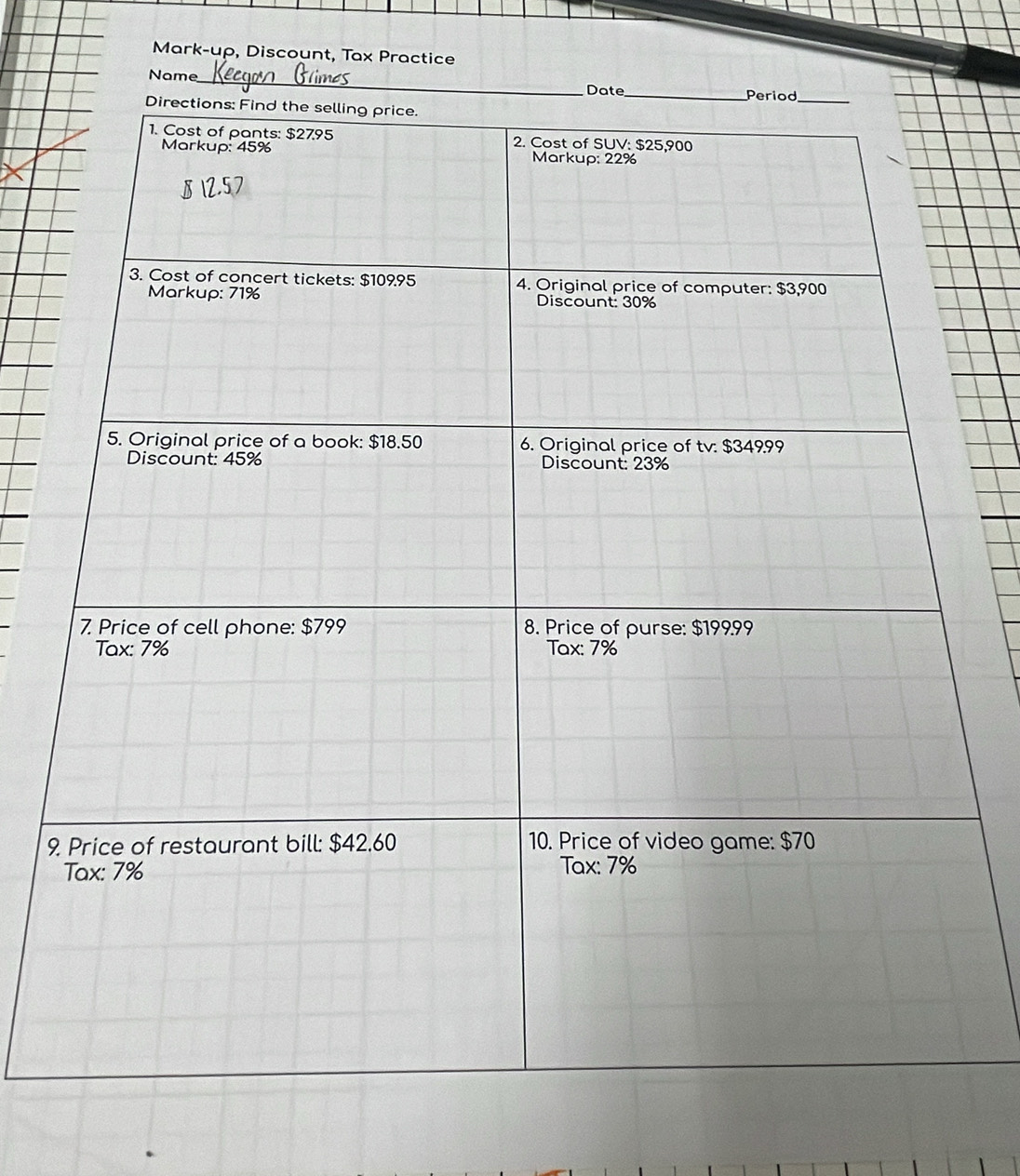 Mark-up, Discount, Tax Practice 
Name_ 
9