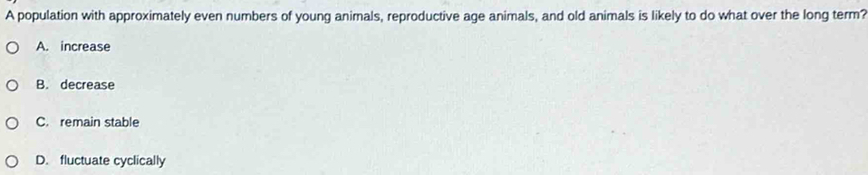 A population with approximately even numbers of young animals, reproductive age animals, and old animals is likely to do what over the long term?
A. increase
B. decrease
C. remain stable
D. fluctuate cyclically