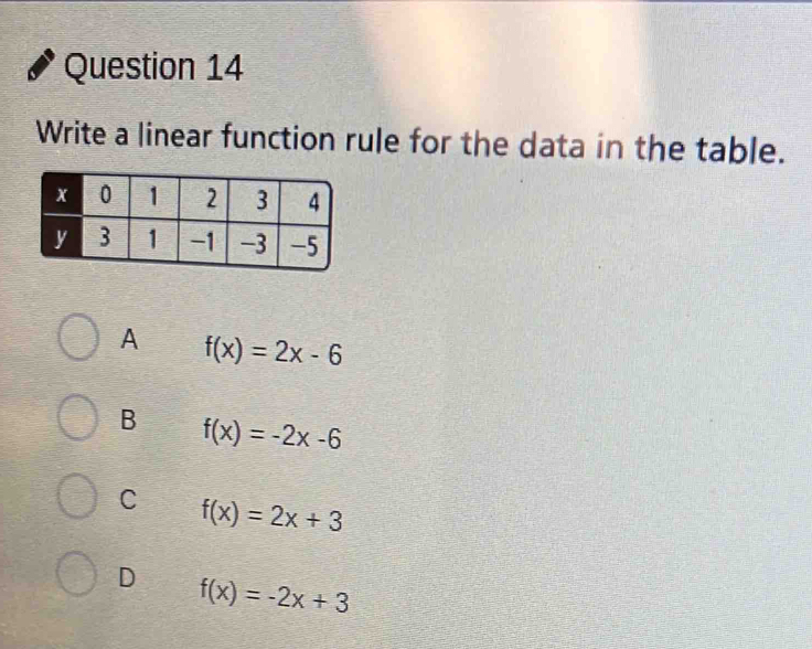 Write a linear function rule for the data in the table.
A f(x)=2x-6
B f(x)=-2x-6
C f(x)=2x+3
D f(x)=-2x+3