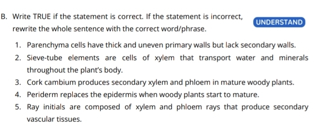 Write TRUE if the statement is correct. If the statement is incorrect, 
UNDERSTAND 
rewrite the whole sentence with the correct word/phrase. 
1. Parenchyma cells have thick and uneven primary walls but lack secondary walls. 
2. Sieve-tube elements are cells of xylem that transport water and minerals 
throughout the plant's body. 
3. Cork cambium produces secondary xylem and phloem in mature woody plants. 
4. Periderm replaces the epidermis when woody plants start to mature. 
5. Ray initials are composed of xylem and phloem rays that produce secondary 
vascular tissues.