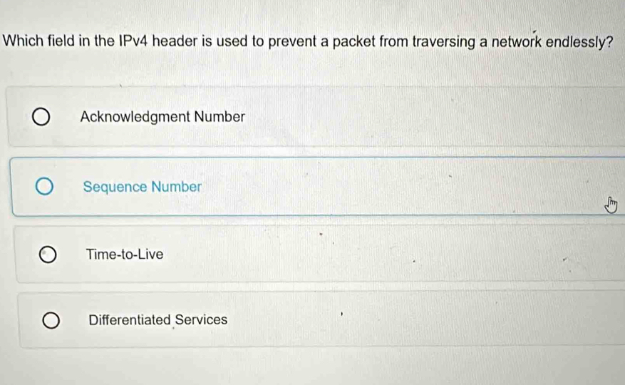 Solved: Which field in the IPv4 header is used to prevent a packet from ...