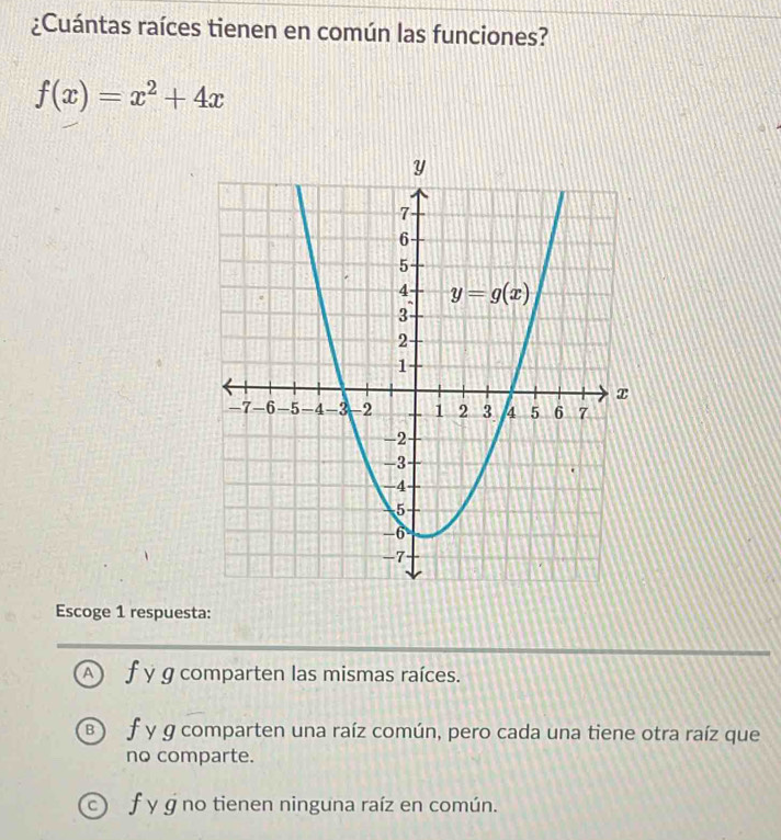 ¿Cuántas raíces tienen en común las funciones?
f(x)=x^2+4x
Escoge 1 respuesta:
f y g comparten las mismas raíces.
f y g comparten una raíz común, pero cada una tiene otra raíz que
no comparte.
c ) f y g no tienen ninguna raíz en común.