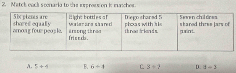 Match each scenario to the expression it matches.
A. 5/ 4 B. 6/ 4 C. 3/ 7 D. 8/ 3