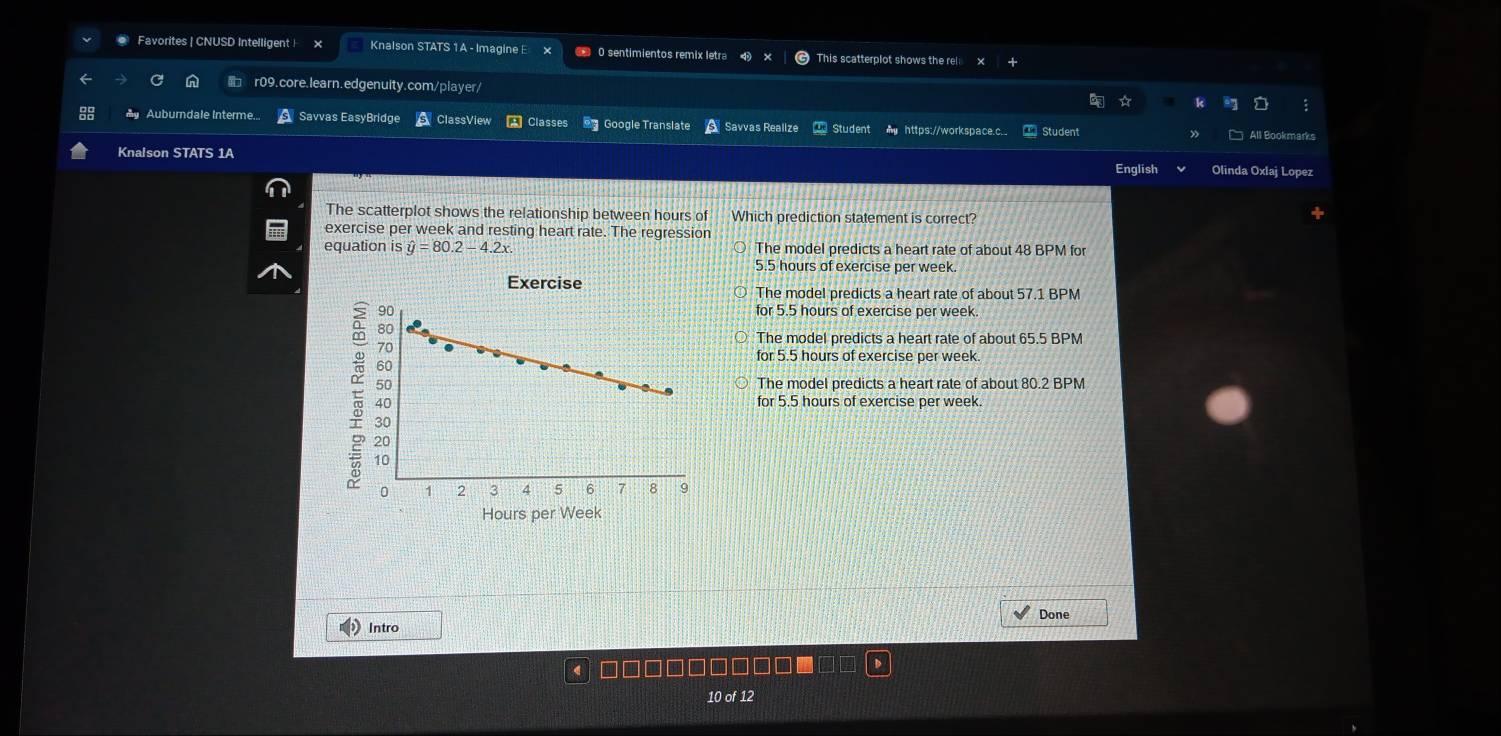 Favorites | CNUSD Intelligent | × Knalson STATS 1A - Imagine E O sentimientos remix letra This scatterplot shows the rel
r09.core.learn.edgenuity.com/player/ a
Auburndale Interme. Savvas EasyBridge ClassView * Classes * Google Translate Savvas Realize https://workspace.c.. Student
All Bookmarks
Knalson STATS 1A Olinda Oxlaj Lopez
English
The scatterplot shows the relationship between hours of Which prediction statement is correct?
exercise per week and resting heart rate. The regression
equation is hat y=80.2-4.2x The model predicts a heart rate of about 48 BPM for
5.5 hours of exercise per week.
Exercise The model predicts a heart rate of about 57.1 BPM
for 5.5 hours of exercise per week.
The model predicts a heart rate of about 65.5 BPM
for 5.5 hours of exercise per week.
The model predicts a heart rate of about 80.2 BPM
for 5.5 hours of exercise per week.
Hours per Week
Done
Intro
10 of 12