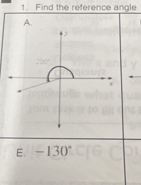 Find the reference angle 
A.
y
200°
x
E. -130°