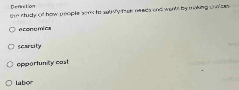 Definition
the study of how people seek to satisfy their needs and wants by making choices 
economics
scarcity
opportunity cost
labor