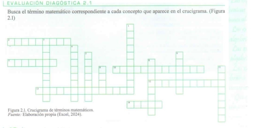 EValUaCión DIAgóstICa 2.1 
Busca el término matemático correspondiente a cada concepto que aparece en el crucigrama. (Figura 
2.1)