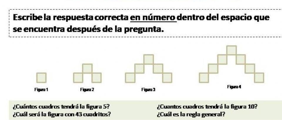 Escribe la respuesta correcta en número dentro del espacio que 
se encuentra después de la pregunta. 
Figura 1 Figura 2 Figura 3 
¿Cuántos cuadros tendrá la figura 5? ¿Cuantos cuadros tendrá la figura 10? 
¿Cuál será la figura con 43 cuadritos? ¿Cuál es la regla general?