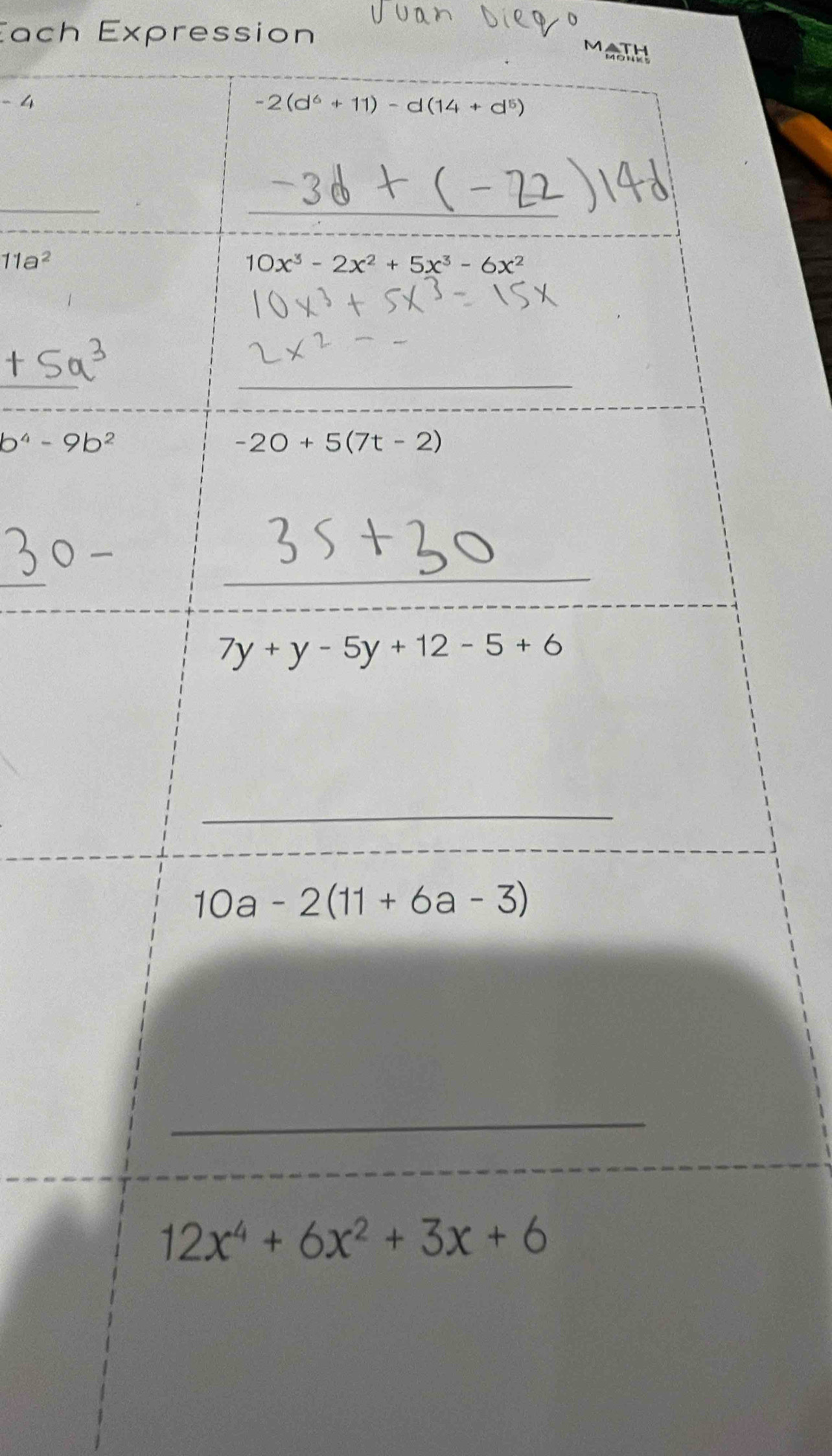 Each Expression
-4
_
11a^2
b^4-9b^2
_