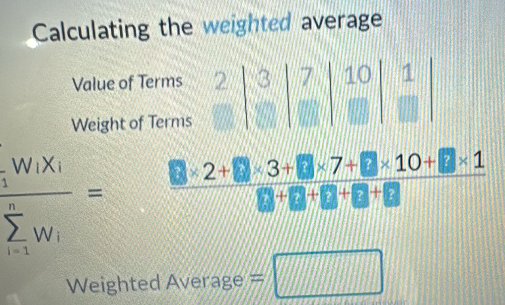 Calculating the weighted average
frac _5W/X_1(sumlimits _i=1)^nw_i=
 (□ * 2+□ * 3+□ * 7+□ * 10+□ * 1)/□ +□ +□ +□   
Weighted Average =□