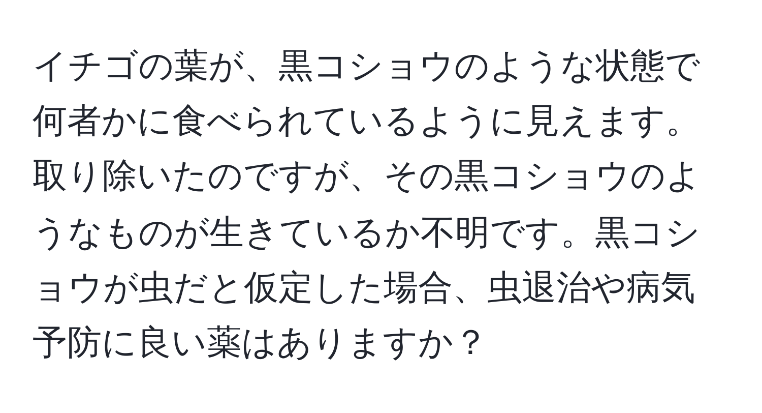 イチゴの葉が、黒コショウのような状態で何者かに食べられているように見えます。取り除いたのですが、その黒コショウのようなものが生きているか不明です。黒コショウが虫だと仮定した場合、虫退治や病気予防に良い薬はありますか？