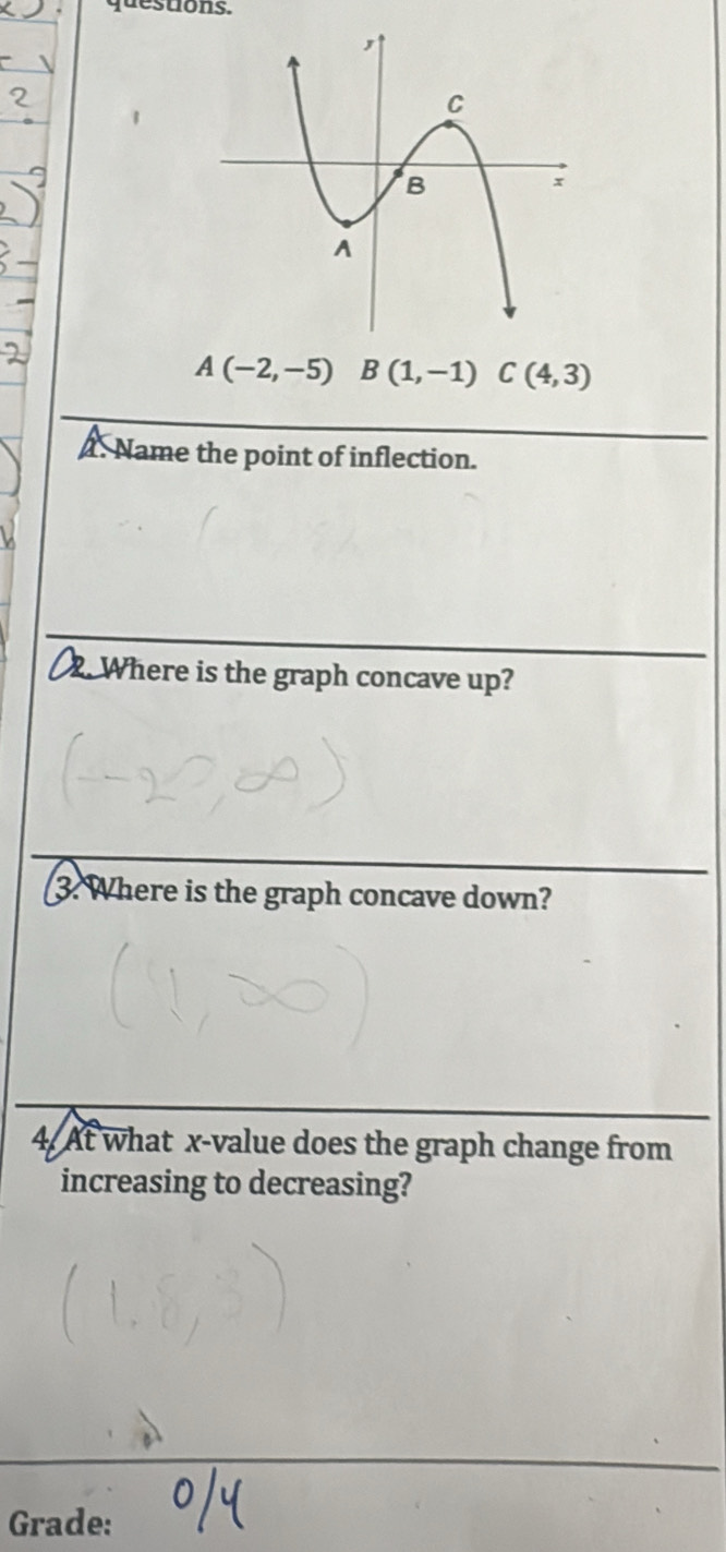 questions. 
1
A(-2,-5) □ B(1,-1) C(4,3)
A. Name the point of inflection. 
Where is the graph concave up? 
3. Where is the graph concave down? 
4. At what x -value does the graph change from 
increasing to decreasing? 
Grade: