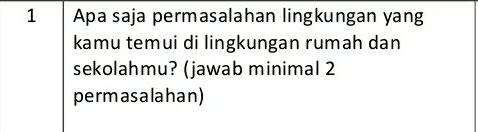 Apa saja permasalahan lingkungan yang 
kamu temui di lingkungan rumah dan 
sekolahmu? (jawab minimal 2 
permasalahan)