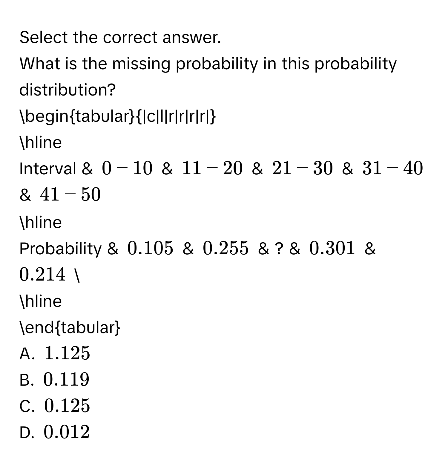 Select the correct answer. 
What is the missing probability in this probability distribution? 
begintabular|c|l|r|r|r|r| 
hline 
Interval & 0-10 & 11-20 & 21-30 & 31-40 & 41-50
hline 
Probability & 0.105 & 0.255 & ? & 0.301 & 0.214  
hline 
endtabular 
A. 1.125
B. 0.119
C. 0.125
D. 0.012