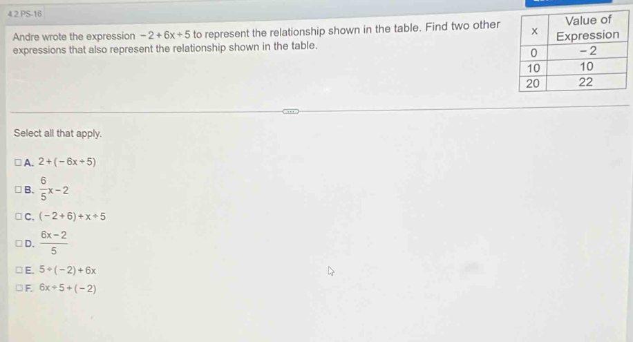 4 2 PS-16
Andre wrote the expression -2+6x+5 to represent the relationship shown in the table. Find two other
expressions that also represent the relationship shown in the table.
Select all that apply.
A. 2+(-6x/ 5)
B.  6/5 x-2
C. (-2+6)+x/ 5
D.  (6x-2)/5 
E. 5/ (-2)+6x
F. 6x/ 5+(-2)