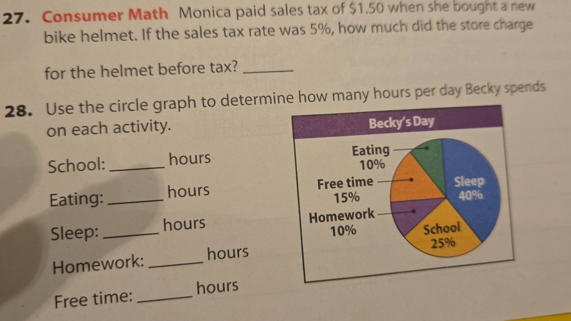 Consumer Math Monica paid sales tax of $1.50 when she bought a new 
bike helmet. If the sales tax rate was 5%, how much did the store charge 
for the helmet before tax?_ 
28. Use the circle graph to determine how many hours per day Becky spends 
on each activity.
hours
School: _
hours
Eating: _
hours
Sleep: _
hours
Homework:_
hours
Free time:_