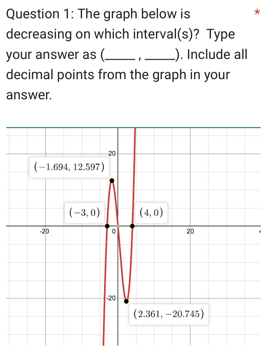 The graph below is
*
decreasing on which interval(s)? Type
your answer as (_ 1 _). Include all
decimal points from the graph in your
answer.