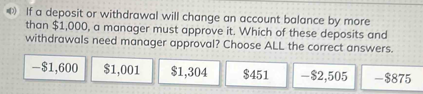 )) If a deposit or withdrawal will change an account balance by more
than $1,000, a manager must approve it. Which of these deposits and
withdrawals need manager approval? Choose ALL the correct answers.
- $1,600 $1,001 $1,304 $451 -$2,505 -$875