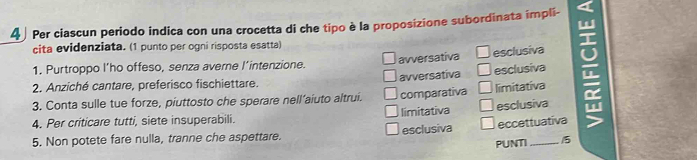 Per ciascun periodo indica con una crocetta di che tipo è la proposizione subordinata impli-
cita evidenziata. (1 punto per ogní risposta esatta)
1. Purtroppo l’ho offeso, senza averne l’intenzione. avversativa esclusiva
2. Anziché cantare, preferisco fischiettare. avversativa esclusiva
3. Conta sulle tue forze, piuttosto che sperare nell’aíuto altrui. comparativa limitativa
4. Per criticare tutti, siete insuperabili. limitativa esclusiva
5. Non potete fare nulla, tranne che aspettare. esclusiva eccettuativa
PUNTI 15