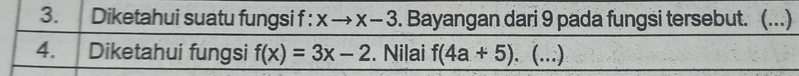 Diketahui suatu fungsi f : xto x-3. Bayangan dari 9 pada fungsi tersebut. (...) 
4. Diketahui fungsi f(x)=3x-2. Nilai f(4a+5). (...)