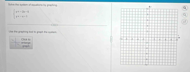 Solve the system of equations by graphing.
beginarrayl y=-2x-5 y=-x-1endarray.

Use the graphing tool to graph the system. 
Click to 
enlarge 
graph