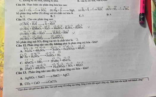 C. không bị 8xt hoa, không bị khử. D. vừa bị c hòa, vừa hị kh
Câu 10. Thực hiện các phân ứng hóa học sau: (d) S+3F_1 to SF+ to S_SFe a
(a) vector S+vector O_2SO_2: beginarrayr o Hgendarray +beginarrayr o Sendarray beginarrayr  to endarray beginarrayr  to endarray HgS; (c) _H_2+^Ooverleftrightarrow (H_2)^Oto H_2 Leftrightarrow
Số phản ứng sulfur (S) đóng vai trò chất oxi hóa là (b) B. 2 C. 3 D. 4
A. 1.
Câu 11. Cho các phản ứng sau:
a
(1) SO_2+H_2S_  S+H_2O
(2) SO_2+KMnO_4+H_2Oto MnSO_4+K_2SO_4+H_2SO_4 □ 
100
x=c|
(3) SO_2+Br_2+H_2O HạSO₄ + HB²
(4) SO_2+Ca(OH)_2
η Số phân ứng mà SO_2 đóng vai trò là chất khử là. Ca(HSO_3)_2
(4) Câu 12. Phản ứng nào sau đây không phải là phản ứng oxi hóa - khử?
A. Fe_3O_4+4H_2SO_4 3 FeSO_4+Fe_2(SO_4)_3+4H_2O.
B. Fe+H_2SO_4to FeSO_4+H_2.
C. 6FeCl_2+3Br_2 to 2FeBr_3+4FeCl_3
D. 2FeO+4H_2SO_4-
Câu 13. Phản ứng nào sau đây là phản ứng oxi hóa - khứ? Fe_2(SO_4)_3+SO_2+4H_2O.
A. AgNO_3+NaClto NaCl+AgCl
B. CO_2+CaOto CaCO_3
''Gạo đem vào gili bao đau đờn, Gạo giả xong rồi trắng tựa bóng, Sống ở trên đời người cũng vậy, Gian nan rên luyện mới thành cdne= 2