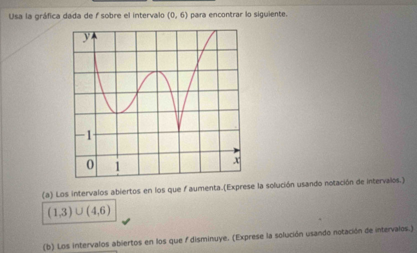 Usa la gráfica dada de / sobre el intervalo (0,6) para encontrar lo siguiente. 
(a) Los intervalos abiertos en los que f aumenta.(Exprese la solución usando notación de intervalos.)
(1,3)∪ (4,6)
(b) Los intervalos abiertos en los que / disminuye. (Exprese la solución usando notación de intervalos.)