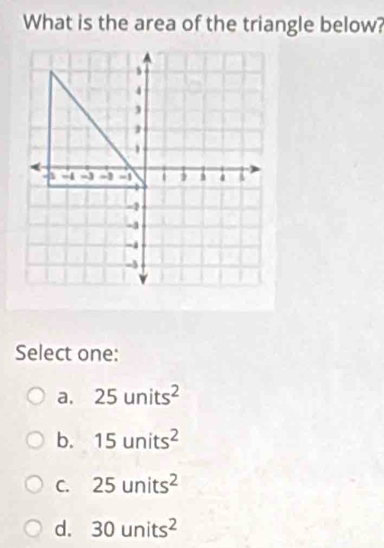 What is the area of the triangle below?
Select one:
a. 25units^2
b. 15units^2
C. 25units^2
d. 30units^2