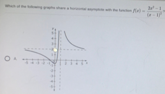 Which of the following graphs share a horizontal asymptote with the function f(x)=frac 2x^2-1(x-1)^2
A