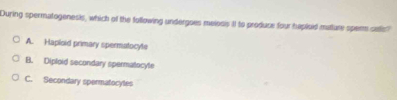 During spermatogenesis, which of the following undergoes melosis it to produce four hapioid mature sperm calls?
A. Haploid primary spermatocyle
B. Diploid secondary spermatocyte
C. Secondary spermatocytes