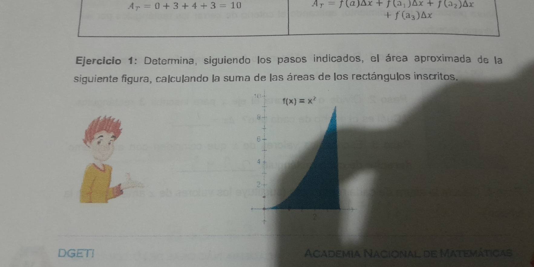 A_r=0+3+4+3=10
A_r=f(a)△ x+f(a_1)△ x+f(a_2)△ x
+f(a_3)△ x
Ejercicio 1: Determina, siguiendo los pasos indicados, el área aproximada de la
siguiente figura, calculando la suma de las áreas de los rectángulos inscritos.
DGETI Academia Nacional de Matemáticas