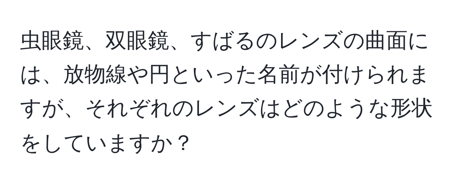 虫眼鏡、双眼鏡、すばるのレンズの曲面には、放物線や円といった名前が付けられますが、それぞれのレンズはどのような形状をしていますか？