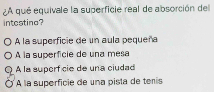 ¿A qué equivale la superficie real de absorción del
intestino?
A la superficie de un aula pequeña
A la superficie de una mesa
Q À la superficie de una ciudad
Ở À la superficie de una pista de tenis