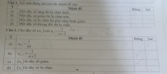 Xết 
Câu 2, Cho dãy số (u_n) với u_n= 1/n+2 · 