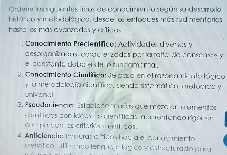 Ordene los siguientes tipos de conocimiento según su desarrollo 
histórico y metodológico, desde los enfoques más rudimentarios 
hasta los más avanzados y críticos. 
1. Conocimiento Precientífico: Actividades diversas y 
desorganizadas, caracterizadas por la falta de consensos y 
el constante debate de lo fundamental. 
2. Conocimiento Científico: Se basa en el razonamiento lógico 
y la metodología científica, siendo sistemático, metódico y 
universal. 
3. Pseudociencia: Establece teorías que mezclan elementos 
científicos con ideas no científicas, aparentando rigor sin 
cumplir con los criterios científicos. 
4. Anticiencia: Posturas críticas hacia el conocimiento 
científico, utilizando lenguaje lógico y estructurado para