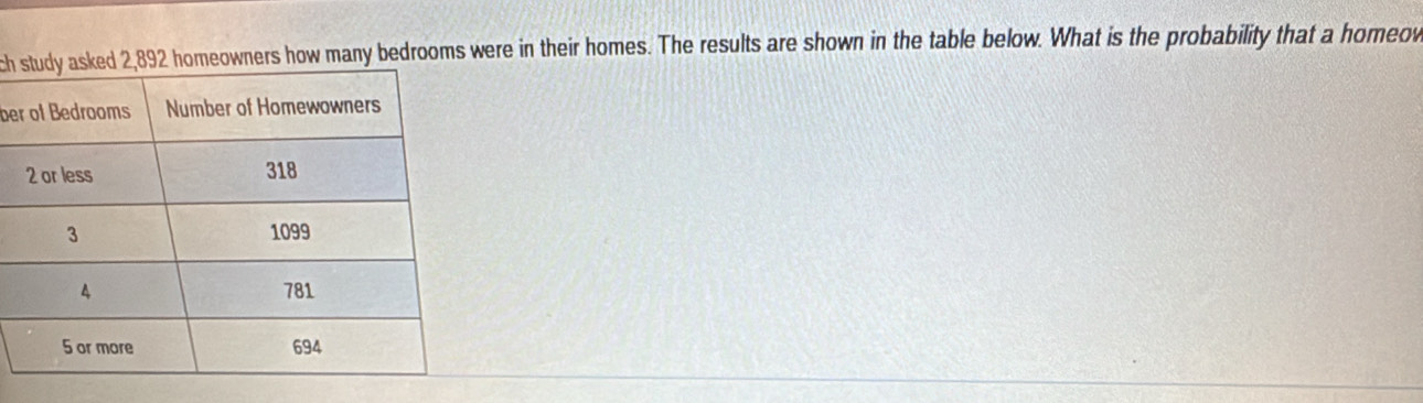 ch92 homeowners how many bedrooms were in their homes. The results are shown in the table below. What is the probability that a homeov 
be