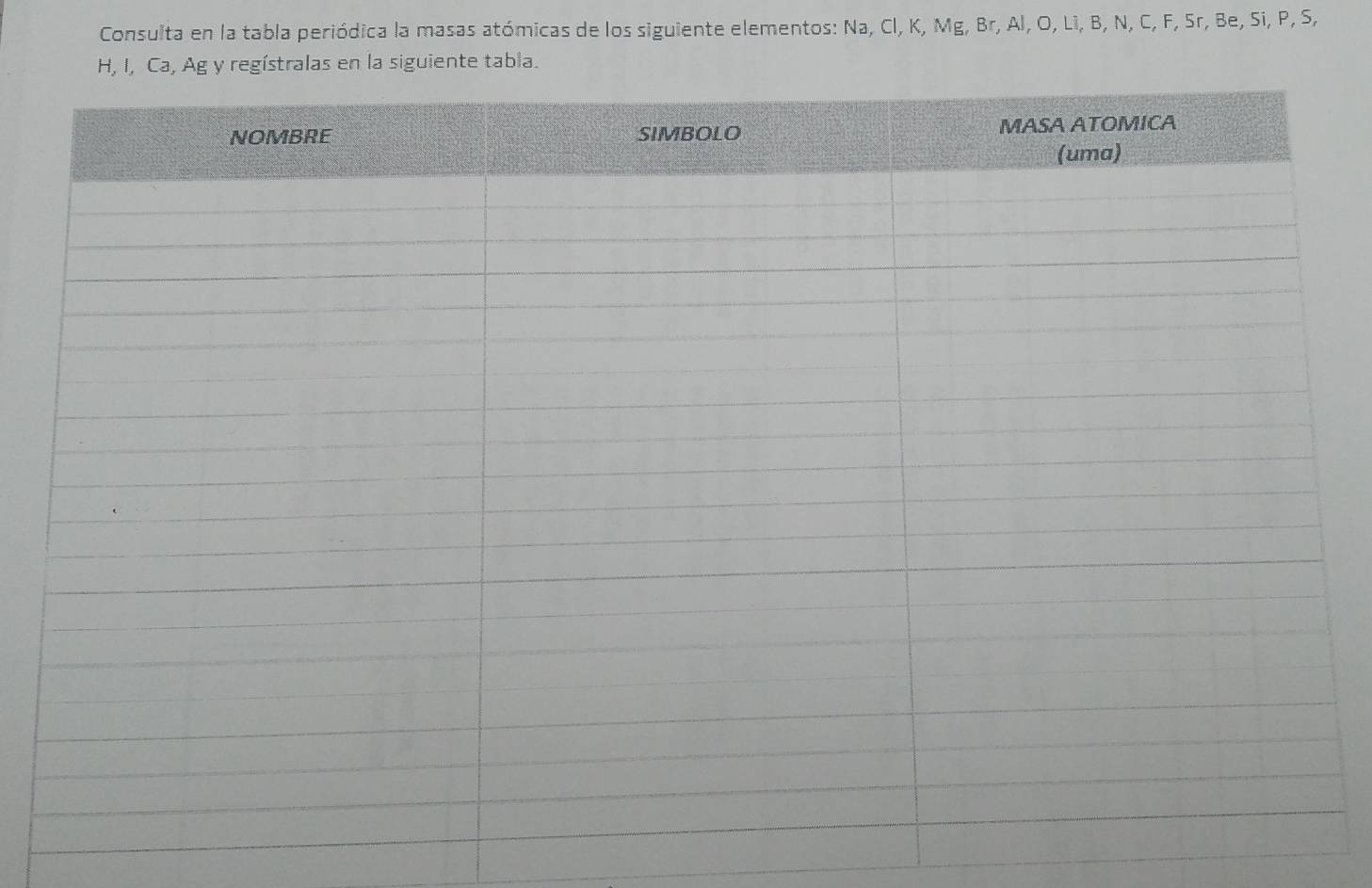 Consulta en la tabla periódica la masas atómicas de los siguiente elementos: Na, Cl, K, Mg, Br, Al, O, Lì, B, N, C, F, 5r, Be, Si, P, S,
H, I, Ca, Ag y regístralas en la siguiente tabla.