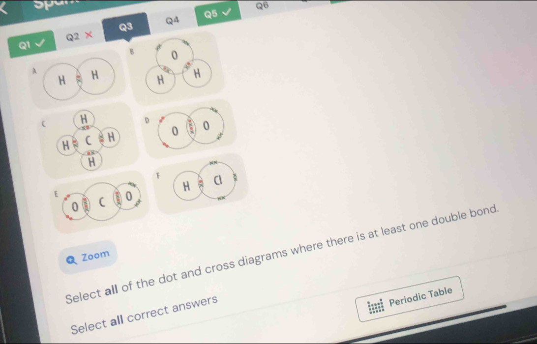 Q3 Q4 Q5 Q6
Q2*
Q1
0
Y
H H
H
D a 0
H ( H
0
H
f
H Cl 
Select all of the dot and cross diagrams where there is at least one double bond 
Zoom 
Select all correct answers 
Periodic Table