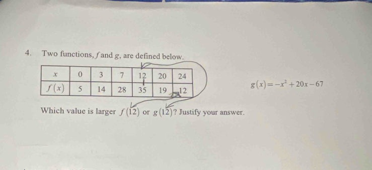 Two functions, ∫ and g, are defined below.
g(x)=-x^2+20x-67
Which value is larger f(12) or g(12) ? Justify your answer.