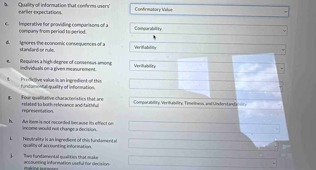 Quality of information that confrms users' Confırmatory Value
earlier expectations.
c. Imperative for providing comparisons of a Comparability
company from period to period.
d. Ignores the economic consequences of a Verifability
standard or rule.
e. Requires a high degree of consensus among Verifability
individuals on a given measurement.
f. Predictive value is an ingredient of this
fundamental quality of information.
g. Four qualitative characteristics that are Comparability, Veriñability, Timeliness, and Understandability
related to both relevance and faithful
representation.
h. An item is not recorded because its effect on
income would not change a decision.
i. Neutrality is an ingredient of this fundamental
quality of accounting information.
j. Two fundamental qualities that make
accounting information useful for decision-
making purposes