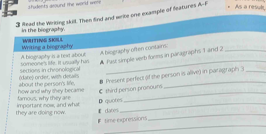 students around the world were 
3 Read the Writing skill. Then find and write one example of features A-F As a result, 
in the biography. 
WRITING SKILL 
Writing a biography 
A biography is a text about A biography often contains: 
someone's life. It usually has A Past simple verb forms in paragraphs 1 and 2 _ 
sections in chronological 
_ 
(date) order, with details 
about the person's life, B Present perfect (if the person is alive) in paragraph 3
how and why they became C third person pronouns 
famous, why they are 
important now, and what D quotes_ 
_ 
_ 
they are doing now. E dates 
_ 
F time expressions